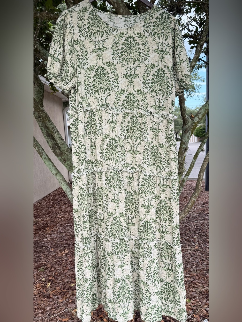 YESNO Casual Bohemian Floral Green White Dress Puff Short Sleeve Long Maxie